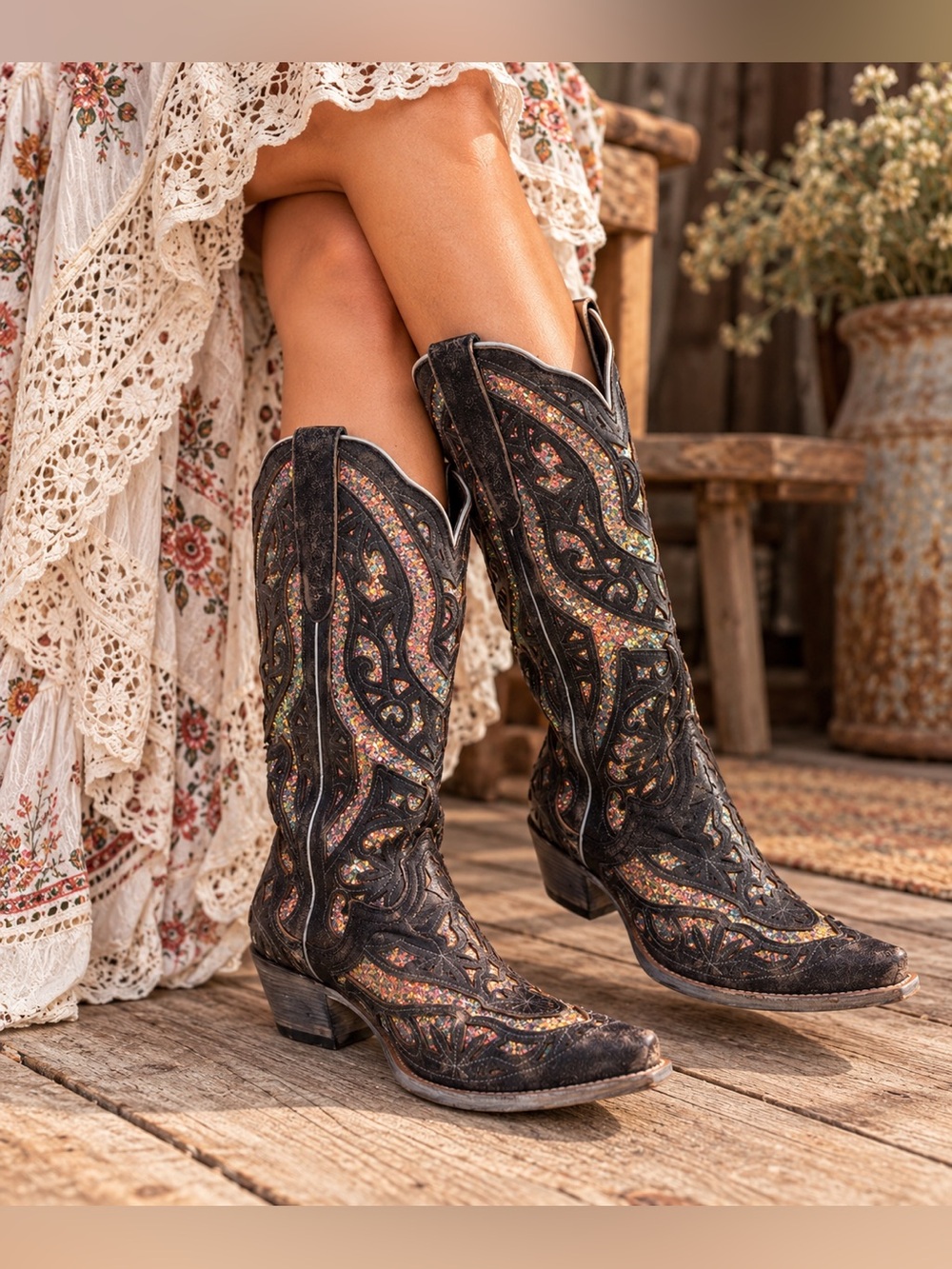 J.B. Dillon Black Glitter Cutout Cowboy Boots Multicolor Sparkle Western